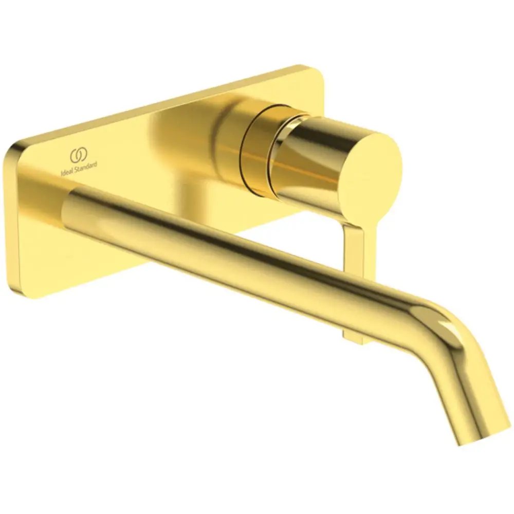 Wand-Waschtischarmatur in glänzendem Goldfinish von Ideal Standard mit eckiger Rosette und einem Auslauf von 225 mm. Modernes Design für Badezimmer.